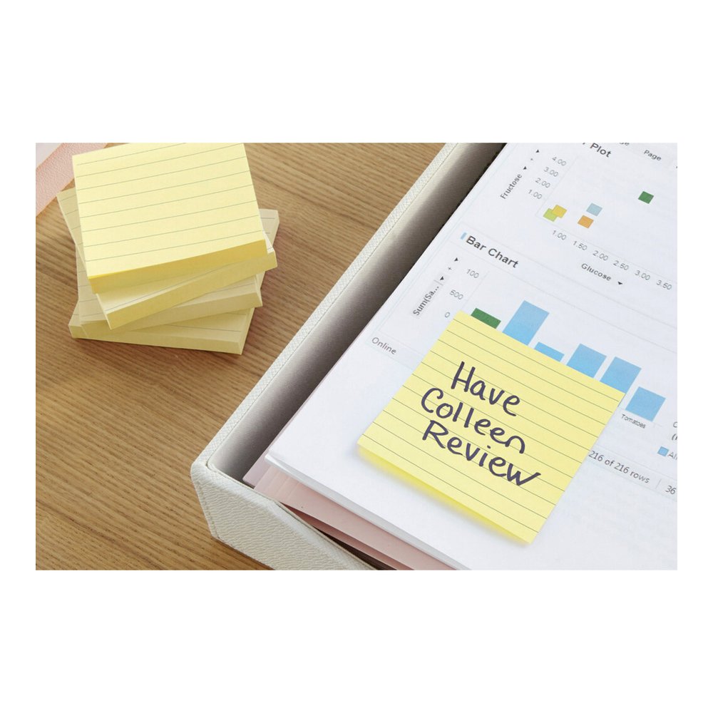 Post-it&reg; Lined Notes - 300 - 4" Flag/Note Width x 4" Flag/Note Length - Square - 300 Sheets per Pad - Ruled - Canary Yellow - Paper - Recyclable - 1 Pad. Picture 2