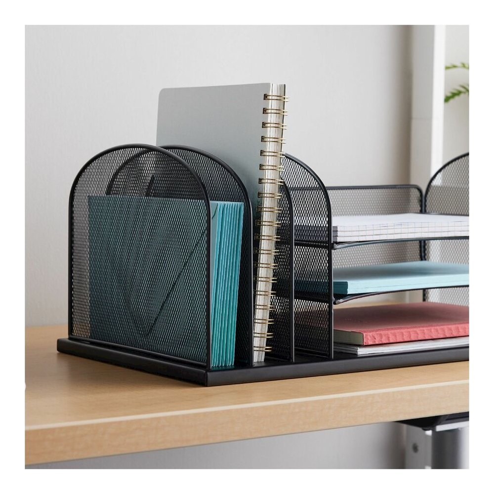 Safco Onyx 3 Tray/3 Upright Section Desk Organizer - 5 Compartment(s) - 8.25" Height x 19.50" Width x 11.50" Depth - Desktop - Powder Coated - Black - Steel - 1 Each. Picture 9