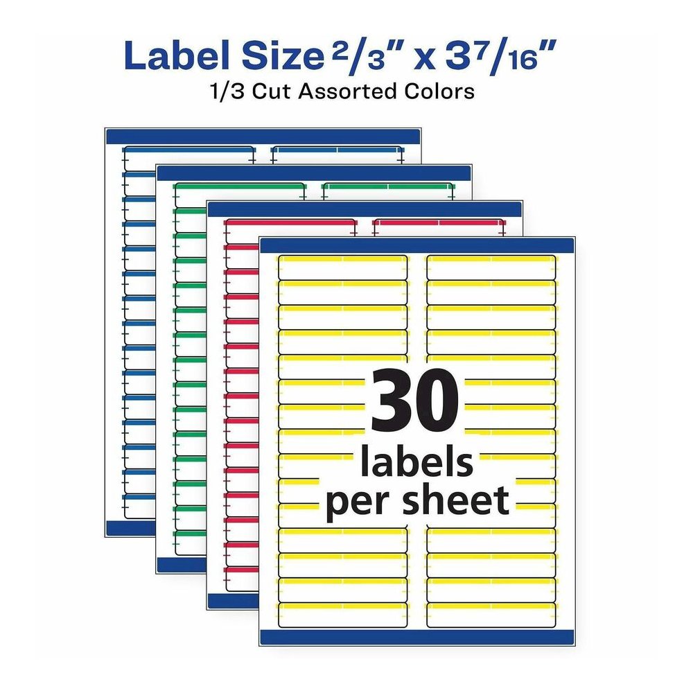 Avery&reg; File Folder Labels, 2/3" x 3-7/16" , Assorted Colors (5266) - x 2/3" Width x 3 7/16" Length - Permanent Adhesive - Rectangle - Laser, Inkjet - Matte - Yellow, Green, Red, White - Paper - 30. Picture 4