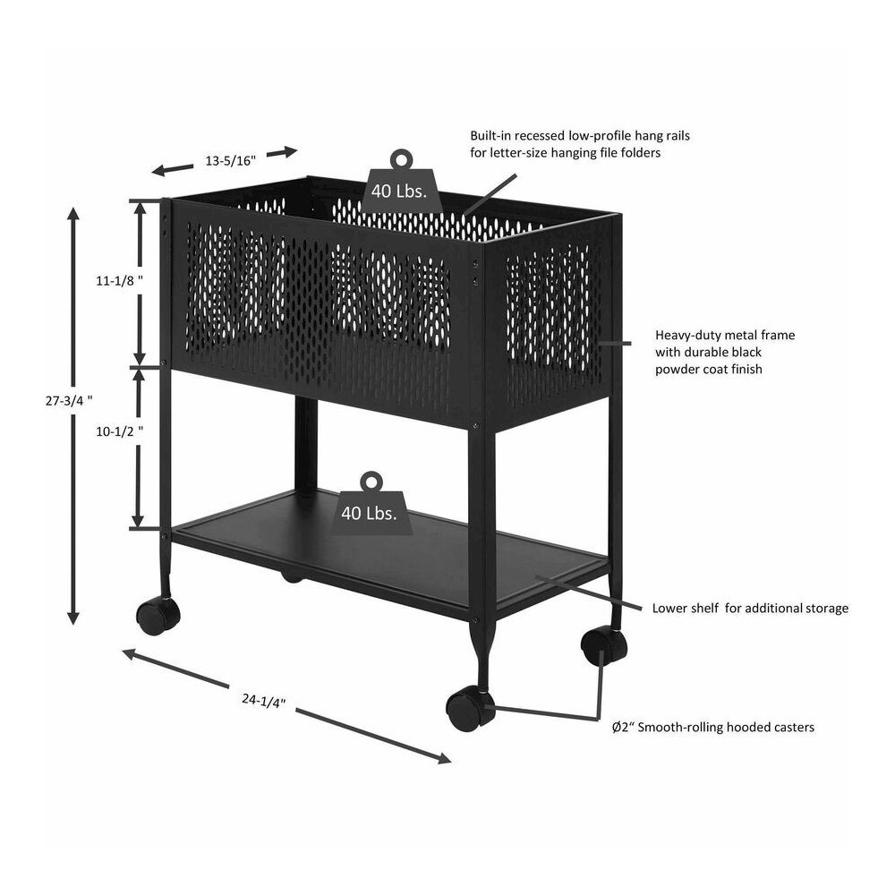 Lorell Mesh Rolling File - 4 Casters - Steel - 13.31" Width x 24.21" Depth x 27.72" Height - Black - 1 Each. Picture 10