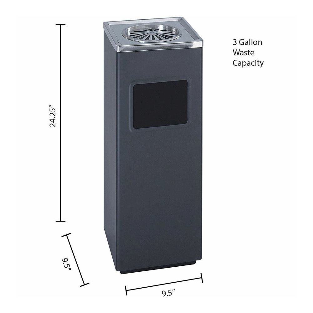 Safco Sandless Square Ash Urn/Trash Receptacle - 3 gal Capacity - Square - 24.3" Height x 9.5" Width x 9.5" Depth - Stainless Steel - Black - 1 Each. Picture 2