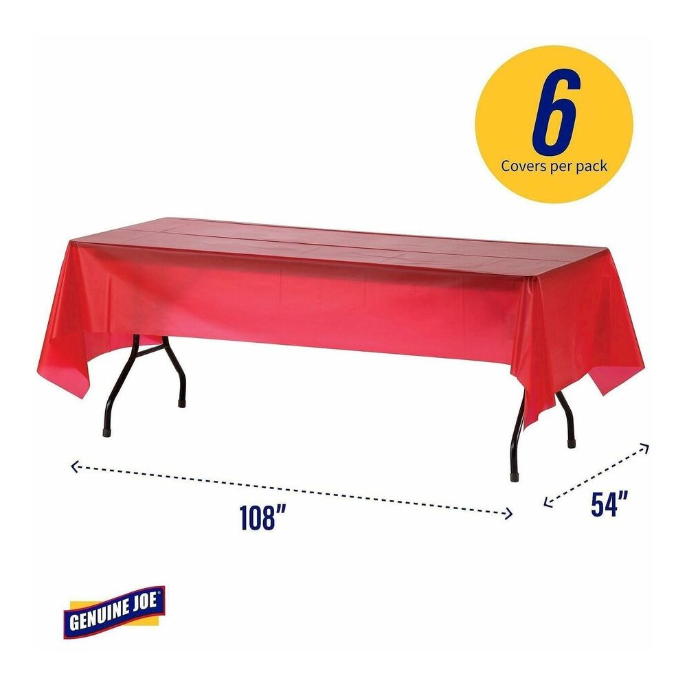 Genuine Joe Plastic Rectangular Table Covers - 108" Length x 54" Width - Plastic - Red - 6 / Pack. Picture 6