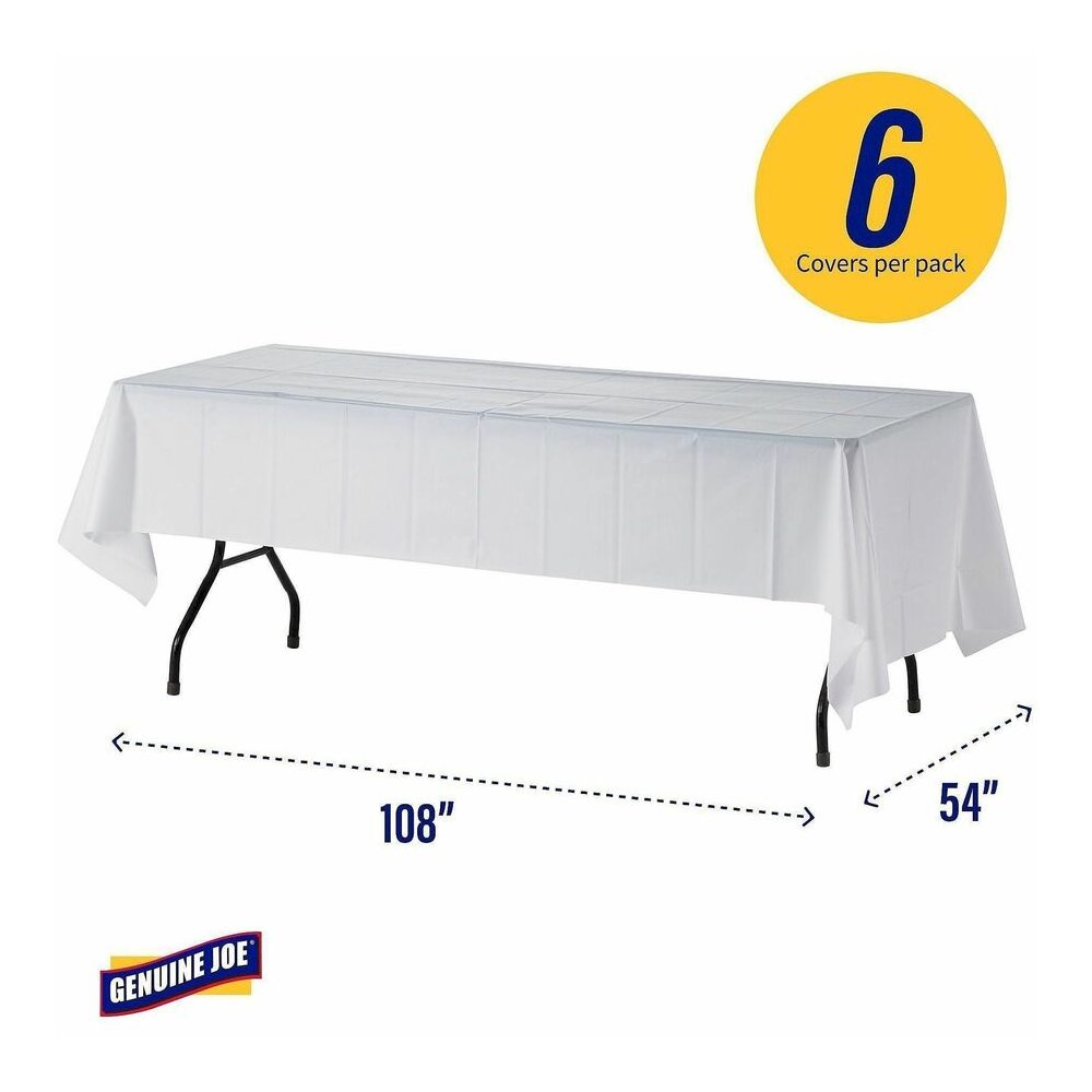 Genuine Joe Plastic Rectangular Table Covers - 108" Length x 54" Width - Plastic - White - 6 / Pack. Picture 5