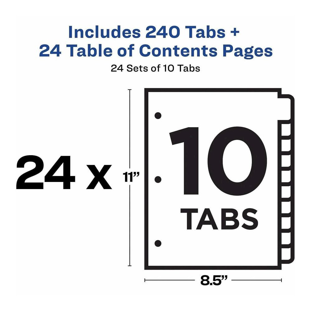 Avery&reg; Ready Index(R) 10 Tab Binder Dividers, Customizable Table of Contents, Multicolor Tabs, 24 Sets (11169) - 240 x Divider(s) - 1-10 - 10 Tab(s)/Set - 8.5" Divider Width x 11" Divider Length -. Picture 3