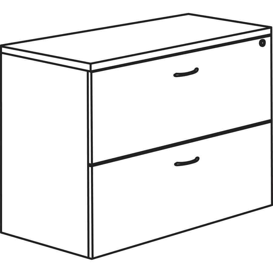 Lorell Essentials Series Lateral File - 29.5" Height x 35.5" Width x 22" Depth x 1" Thickness - Total Drawer(s): 2 - Finish: Laminate, Mahogany - Lockable Drawer, Leveling Glide, Durable, Ball-bearing. Picture 4