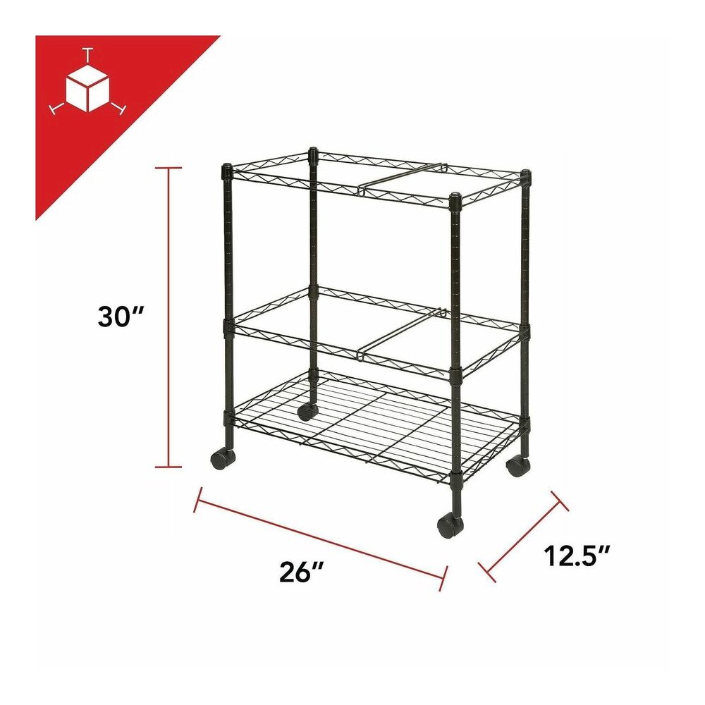Lorell 2-Tier Wire Mobile File Cart - 4 Casters - Steel - 26" Width x 12.50" Depth x 30" Height - Black - 1 Each. Picture 4