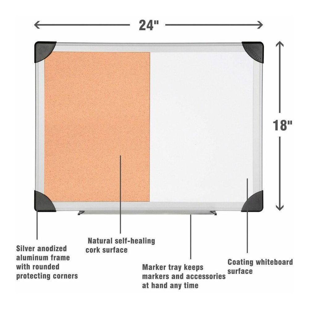 Lorell Combo Dry-Erase/Cork Board - 18" Board Height x 24" Board Width - Natural Cork Surface - Self-healing - Aluminum Frame - 1 Each. Picture 5