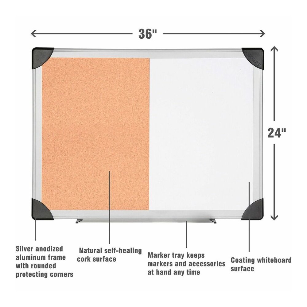 Lorell Combo Dry-Erase/Cork Board - 24" Board Height x 36" Board Width - Natural Cork Surface - Self-healing - Aluminum Frame - 1 Each. Picture 5
