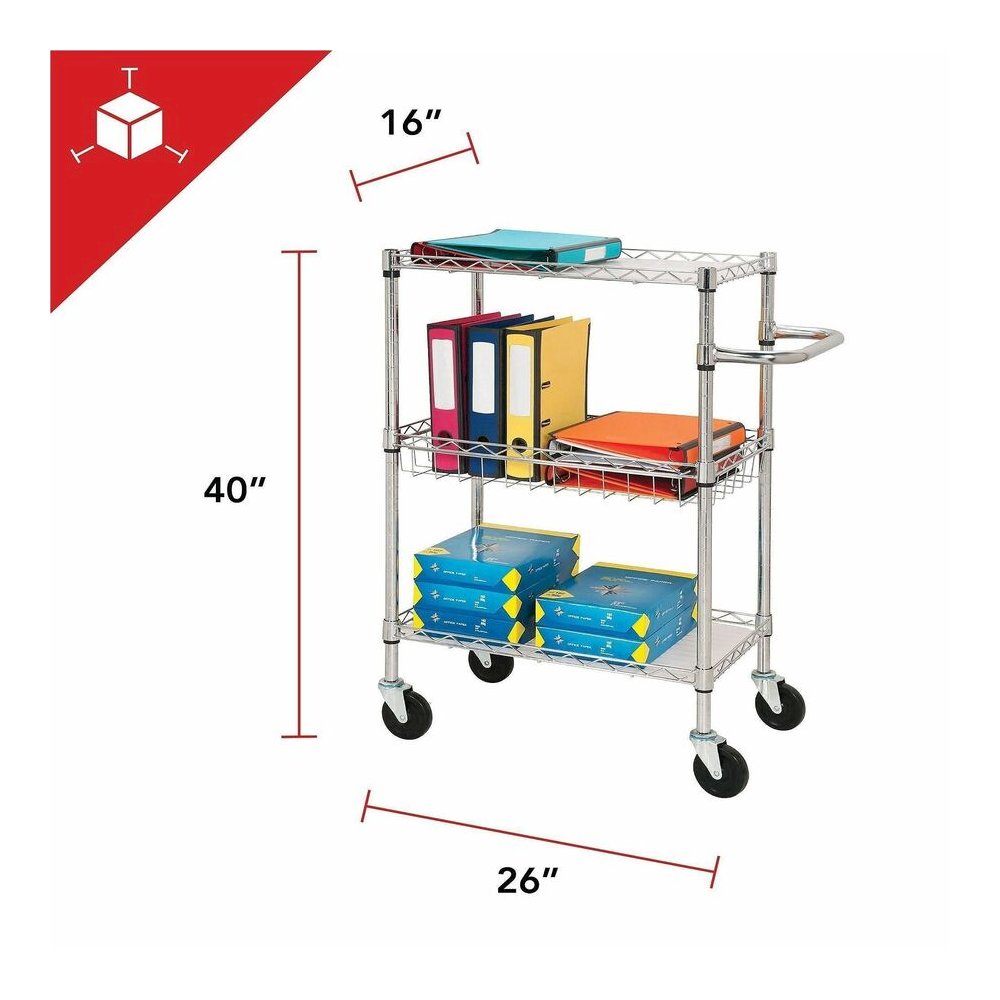 Lorell 3-Tier Rolling Cart - 99 lb Load Capacity - 4 Casters - Steel - 16" Width x 26" Depth x 40" Height - Chrome - 1 Each. Picture 3