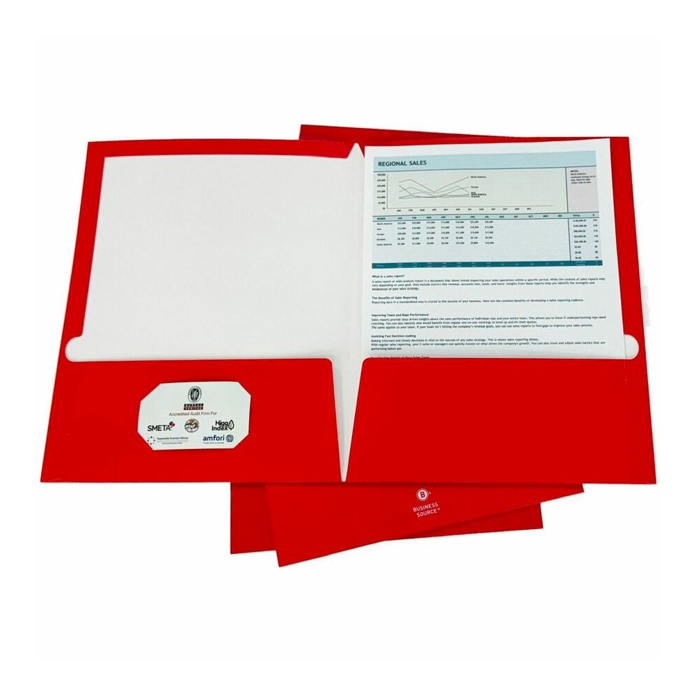 Business Source Letter No Pocket Folder - 8 1/2" x 11" - 100 Sheets Capacity - 2 Internal Pocket - Card Paper - Red - Durable, Laminated, Die-cut - 1 Box. Picture 7