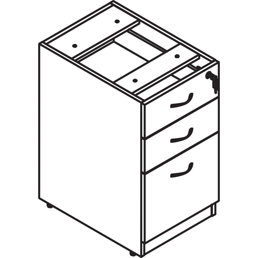 Lorell Essentials Series Box/Box/File Fixed File Cabinet - 28.5" Height x 15.5" Width x 21.9" Depth Pedestal - Total Drawer(s): 3 - Finish: Laminate, Walnut - Built-in Hangrail - For File, File Folder. Picture 9
