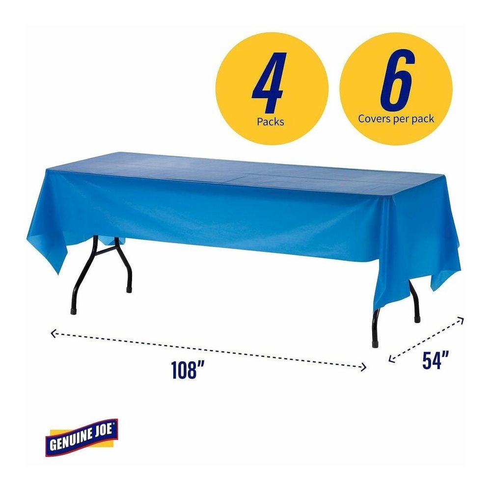 Genuine Joe Plastic Rectangular Table Covers - 108" Length x 54" Width - Plastic - Blue - 6/Pack - 4 / Carton. Picture 8