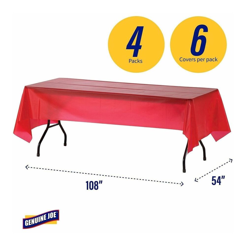 Genuine Joe Plastic Rectangular Table Covers - 108" Length x 54" Width - Plastic - Red - 6/Pack - 4 / Carton. Picture 8