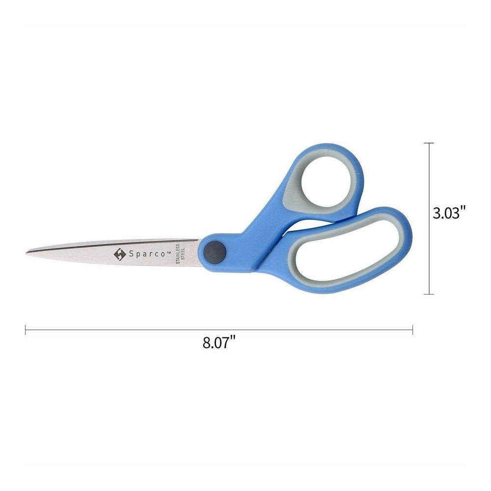 Sparco Bent Multipurpose Scissors - 8" Overall Length - Bent - Stainless Steel - Blue - 3 / Bundle. Picture 5