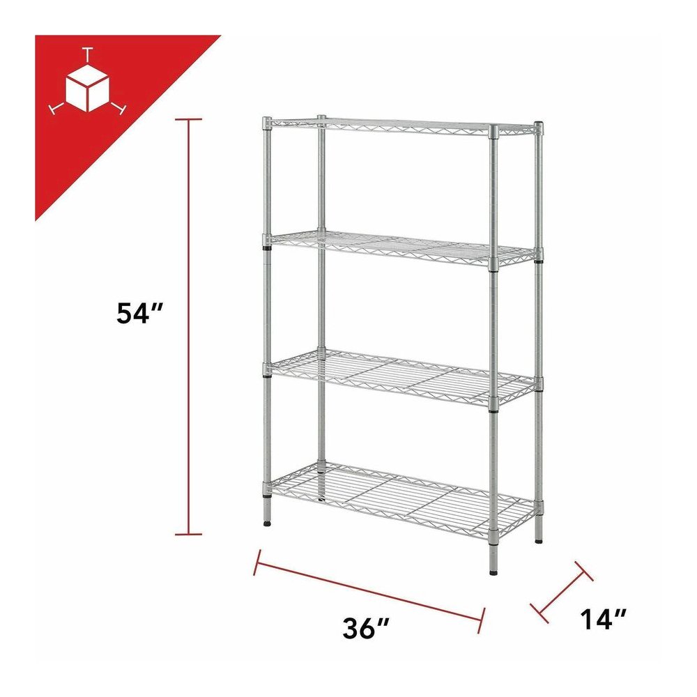 Lorell Light-Duty Wire Shelving - 4 Tier(s) - 54" Height x 36" Width x 14" Depth - Floor - Sturdy - Epoxy - Silver - Plastic, Metal, Steel - 1 Each. Picture 4
