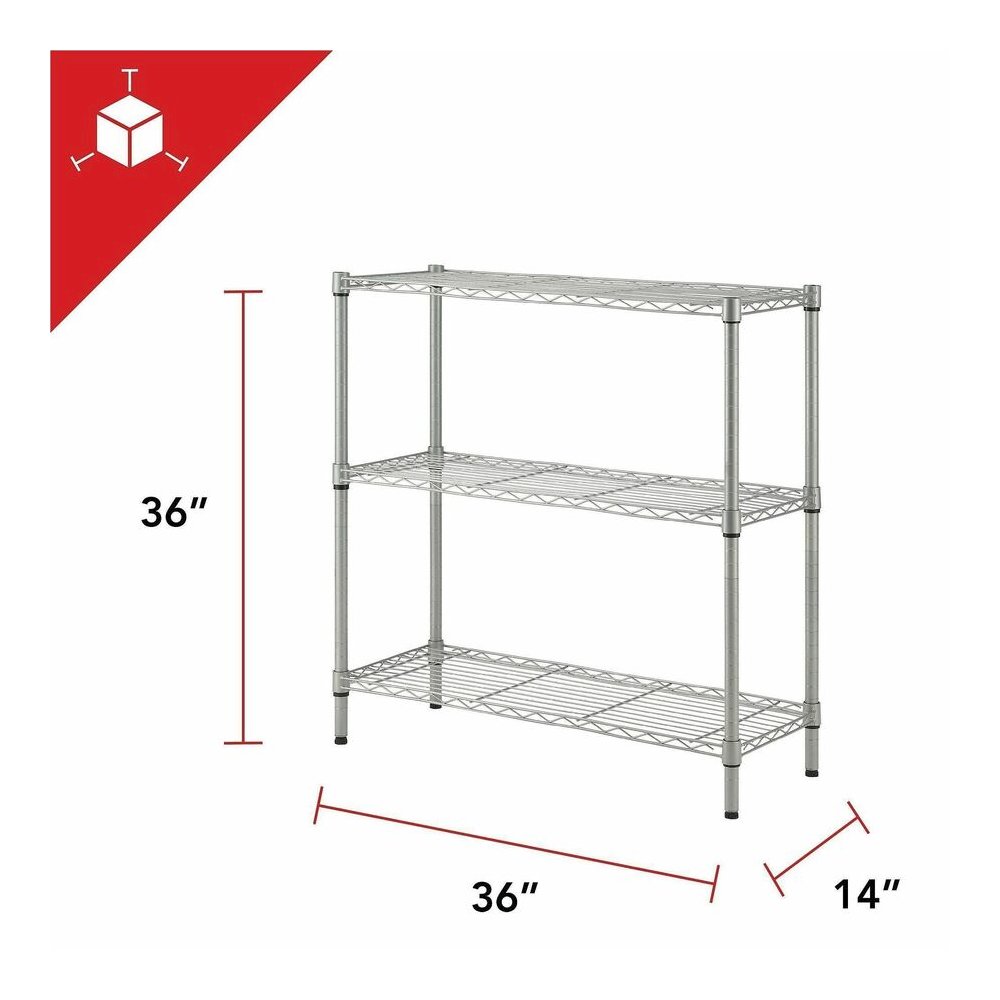 Lorell Light-Duty Wire Shelving - 3 Tier(s) - 36" Height x 36" Width x 14" Depth - Floor - Sturdy - Epoxy - Silver - Plastic, Metal, Steel - 1 Each. Picture 3