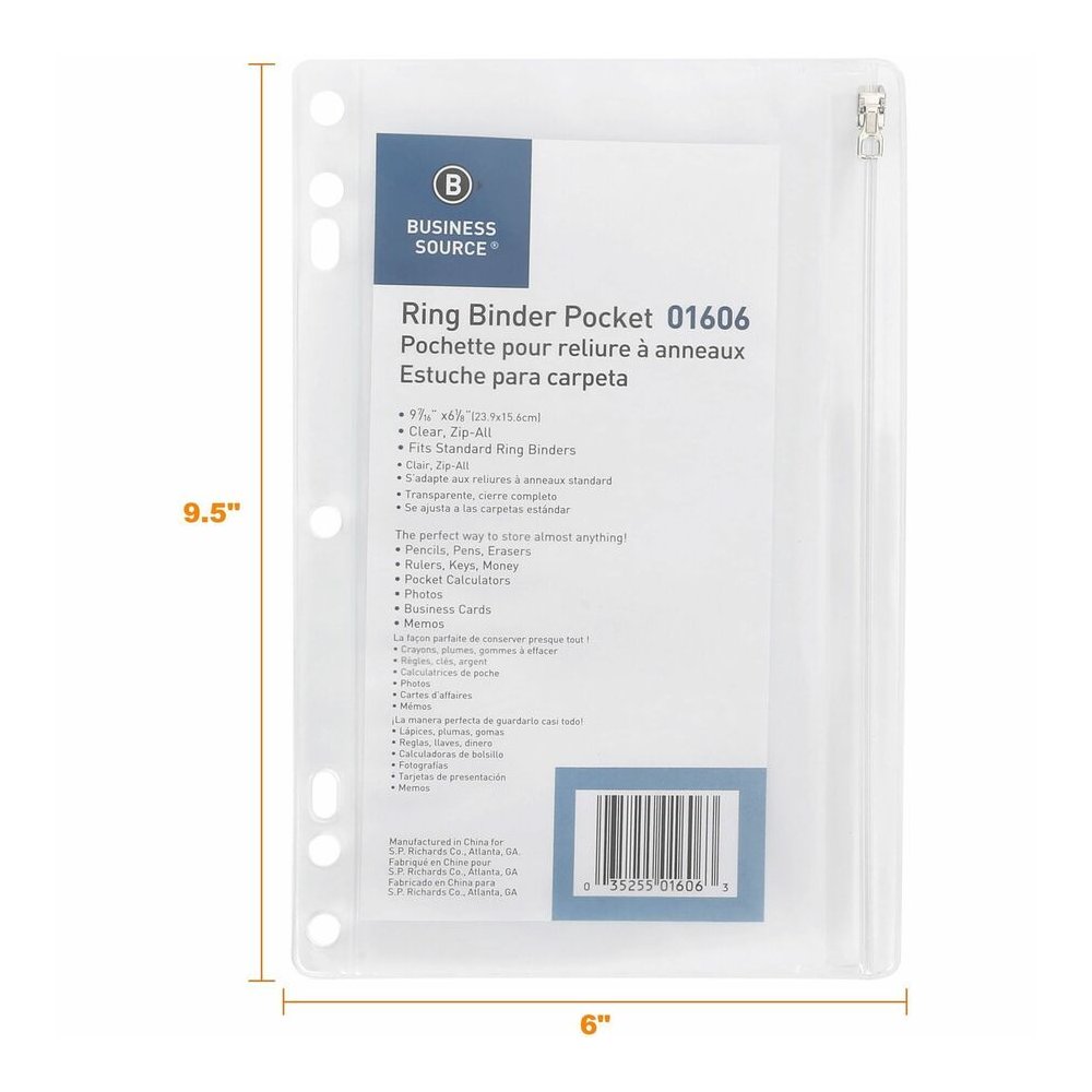 Business Source Punched Economy Binder Pocket - 9.5" Height x 6" Width - 7 x Holes - Ring Binder - Clear - Plastic - 24 / Box. Picture 4