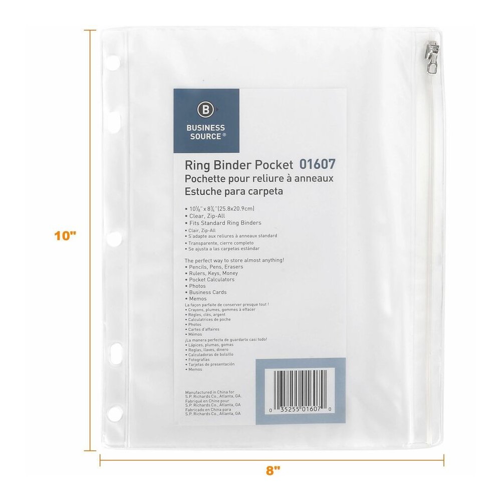 Business Source Punched Economy Binder Pocket - 10" Height x 8" Width - 7 x Holes - Ring Binder - Clear - Plastic - 24 / Box. Picture 4