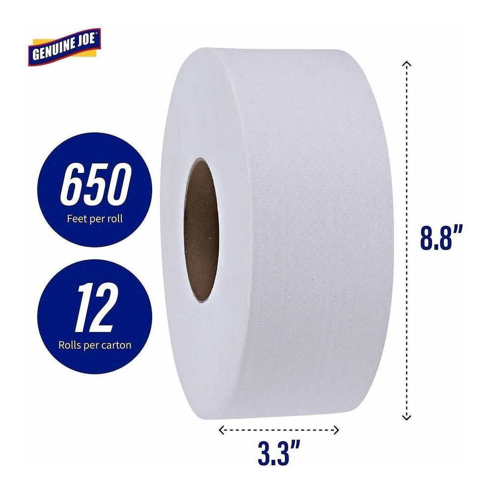Genuine Joe 2-ply Jumbo Roll Dispenser Bath Tissue - 2 Ply - 3.30" Width x 650 ft Length - White - 54 / Pallet. Picture 7