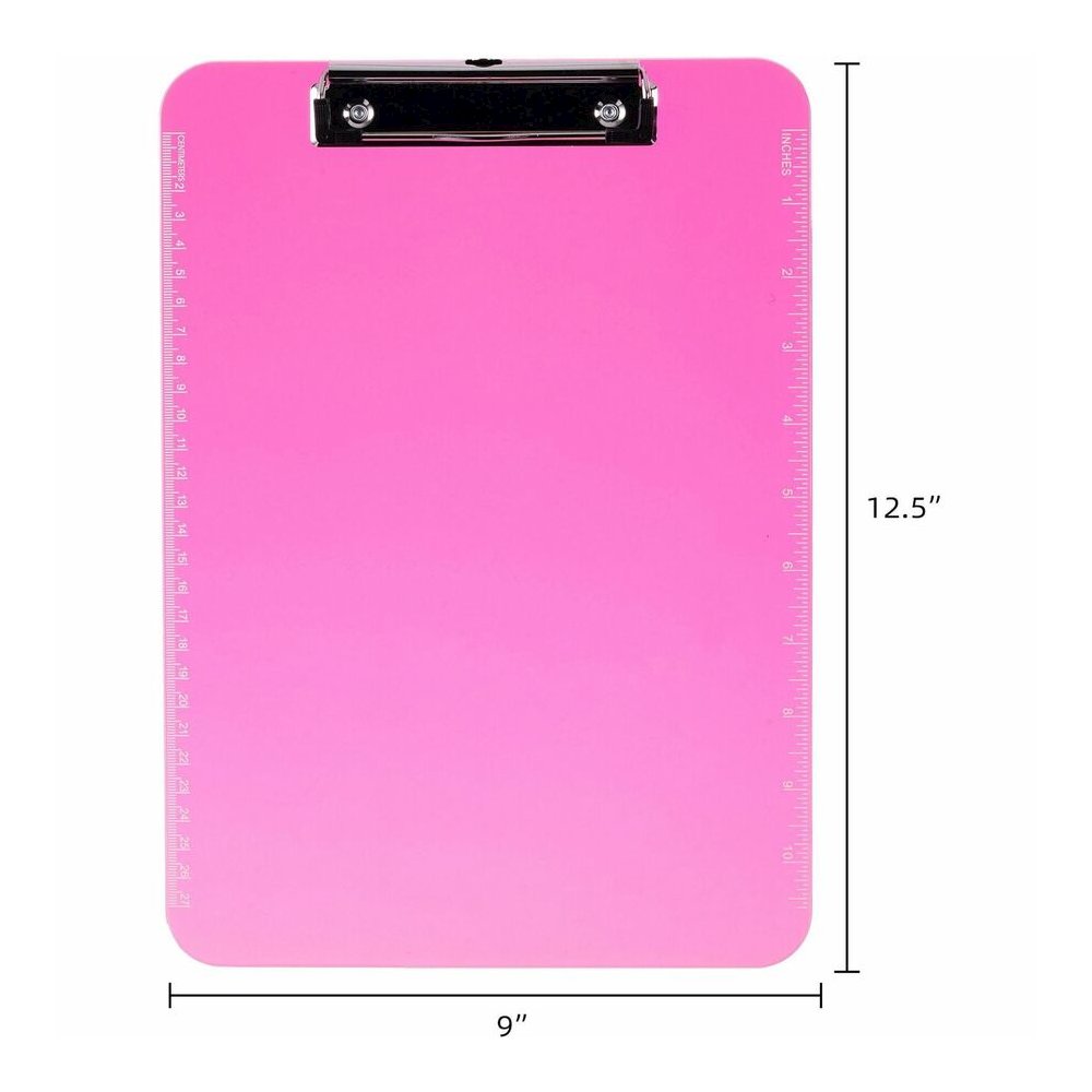 Business Source Flat Clip Clipboard - 9" x 12" Sheet Size - Plastic - Neon Pink - 6 / Bundle. Picture 6