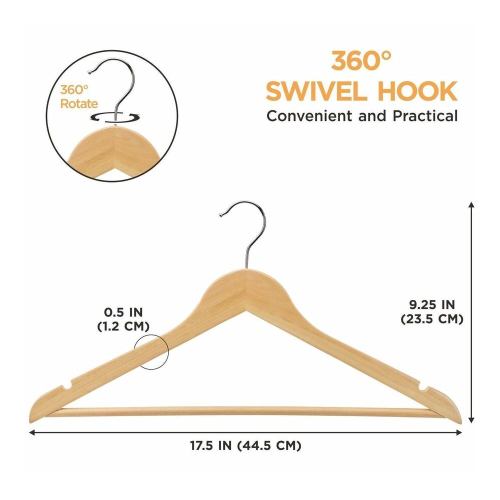 Lorell Wooden Coat Hangers - 7.2" Height x 13.8" Width - for Coat, Clothes, Garment - Wooden, Metal - Natural - 30 / Carton. Picture 9