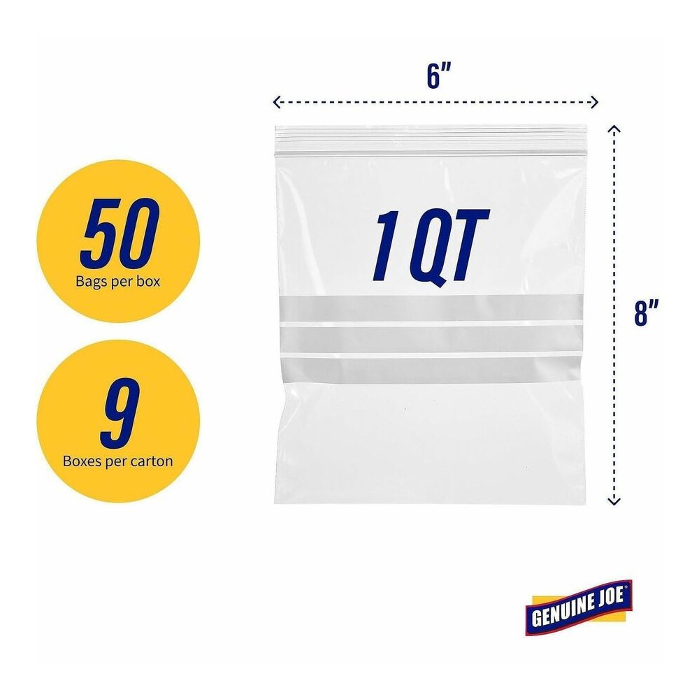 Genuine Joe Food Storage Bags - 1 quart Capacity - 8" Length x 7" Width x 1.75 mil (44 Micron) Thickness - Clear - Food, Beef, Seafood, Poultry, Vegetables - 50/Box - 9 / Carton. Picture 6