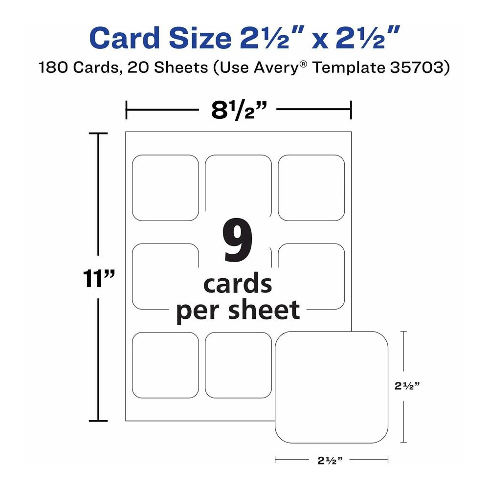 Avery&reg; Clean Edge Square Cards, Rounded Corners, 2.5" x 2.5" (35703) - 145 Brightness - A4 - 8 1/2" x 11" - 91 lb Basis Weight - 247 g/m² Grammage - Matte - Printable, Rounded Corner, Die-cut. Picture 3