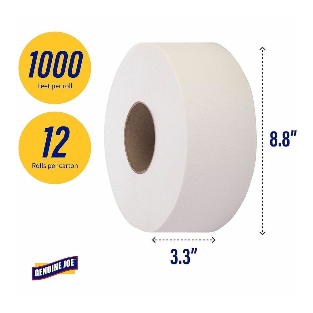 Genuine Joe Jumbo Jr Dispenser Bath Tissue Roll - 2 Ply - 3.30" Width x 1000 ft Length - 8.88" Roll Diameter - White - Fiber - 12 / Carton. Picture 7