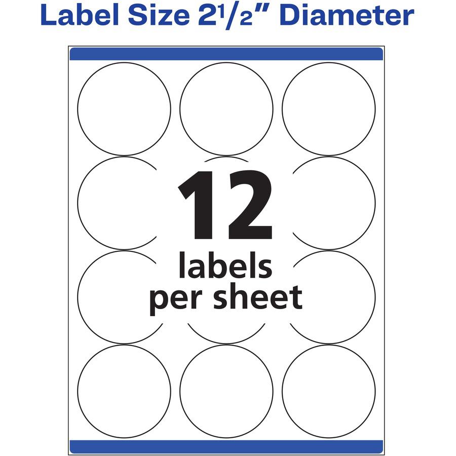 Avery&reg; Round High Visibility Labels - 2 1/2" Diameter - Permanent Adhesive - Round - Laser, Inkjet - Matte - White - Paper - 12 / Sheet - 25 Total Sheets - 300 Total Label(s) - 300 / Pack. Picture 3