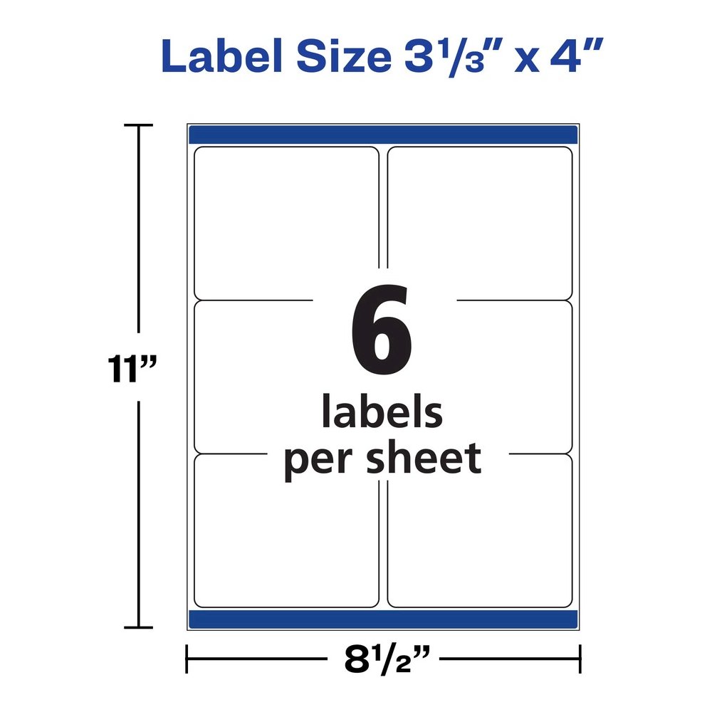 Avery Waterproof Labels, 3-1/3" x 4" , 300 Total (05524) - Waterproof - x 3 21/64" Width x 4" Length - Full Sheet - Permanent Adhesive - Rectangle - Laser - Matte - White - Film - 6 / Sheet - 50 Total. Picture 4