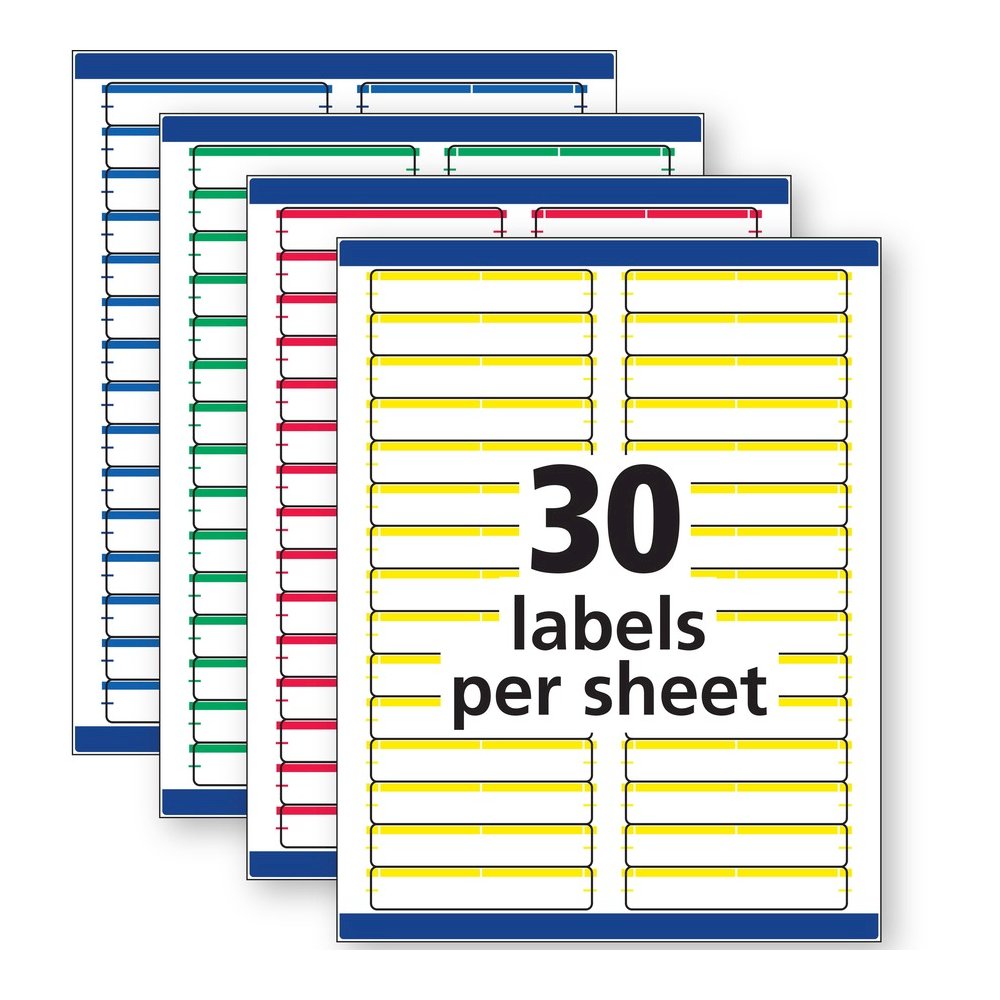 Avery&reg; Removable Laser/Inkjet Filing Labels - 2/3" Width x 3 7/16" Length - Removable Adhesive - Rectangle - Inkjet, Laser - Matte - Blue, Green, Red, White, Yellow - Paper - 30 / Sheet - 25 Total. Picture 2