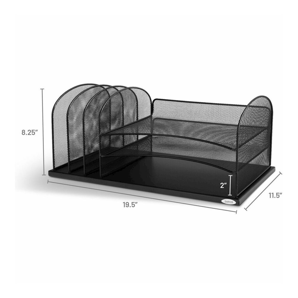 Safco Onyx 3 Tray/3 Upright Section Desk Organizer - 5 Compartment(s) - 8.25" Height x 19.50" Width x 11.50" Depth - Desktop - Powder Coated - Black - Steel - 1 Each. Picture 10