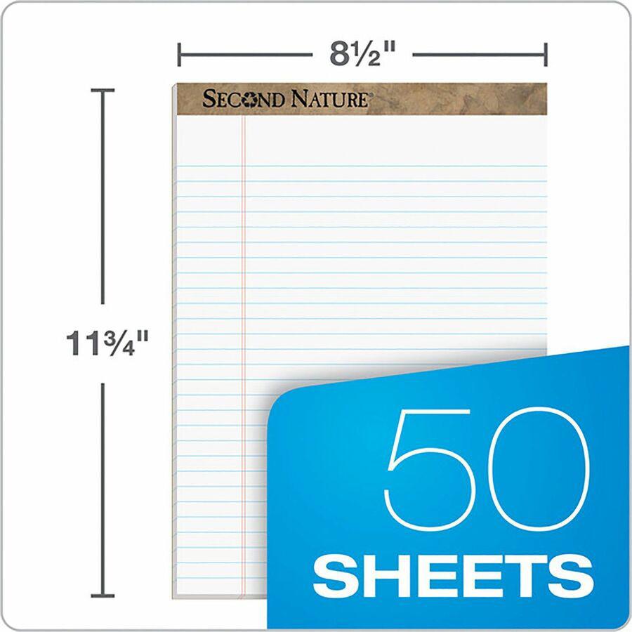 TOPS Second Nature Legal Rule Recycled Writing Pad - 50 Sheets - 0.34" Ruled - Red Margin - 15 lb Basis Weight - 8 1/2" x 11 3/4" Sheet Size - White Paper - Perforated, Resist Bleed-through, Easy Tear. Picture 7