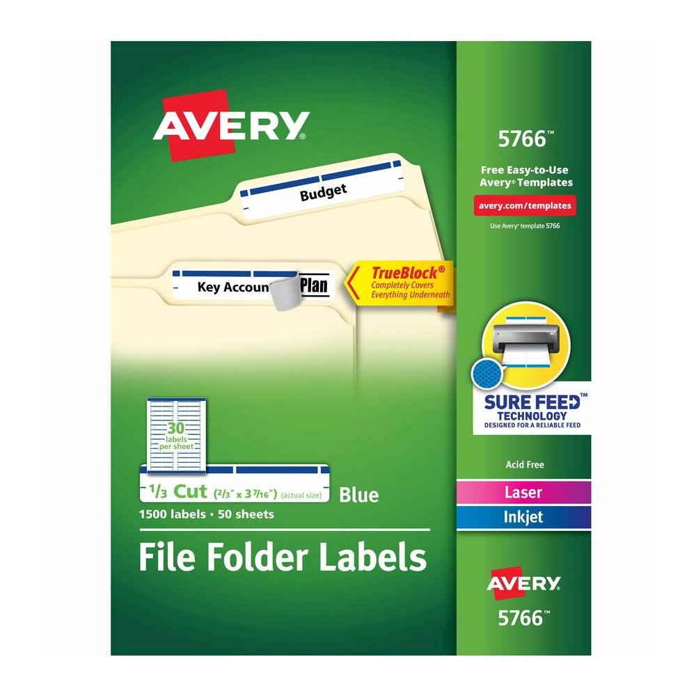 Avery&reg; TrueBlock File Folder Labels - 2/3" Width x 3 7/16" Length - Permanent Adhesive - Rectangle - Inkjet, Laser - Matte - Blue - Paper - 30 / Sheet - 50 Total Sheets - 1500 Total Label(s) - 150. Picture 7