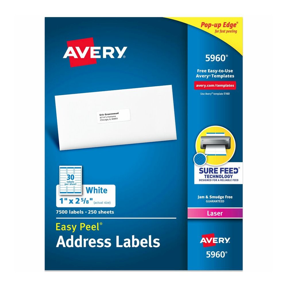 Avery&reg; Easy Peel Address Labels - 1" Width x 2 5/8" Length - Permanent Adhesive - Rectangle - Laser - Matte - White - Paper - 30 / Sheet - 250 Total Sheets - 7500 Total Label(s) - 7500 / Box. Picture 5