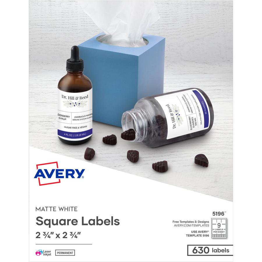 Avery&reg; 3-1/2" Diskette Labels - 2 3/4" Width x 2 3/4" Length - Permanent Adhesive - Inkjet, Laser - Matte White - Paper - 9 / Sheet - 70 Total Sheets - 630 Total Label(s) - 630 / Box. Picture 2