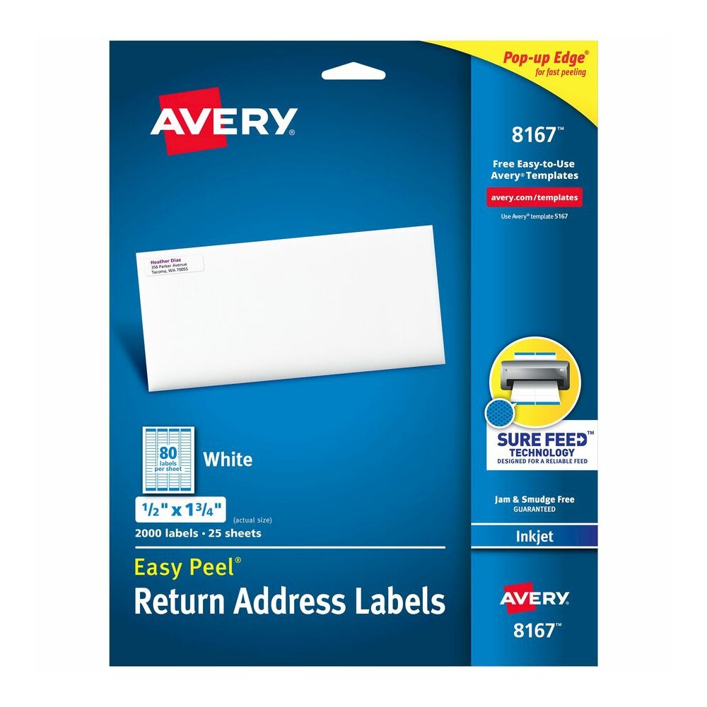 Avery&reg; Easy Peel Return Address Labels, 1/2"x1-3/4" 2,000 Labels (8167) - x 1/2" Width x 1 3/4" Length - Permanent Adhesive - Rectangle - Inkjet - Matte - White - Paper - 80 / Sheet - 25 Total She. Picture 4