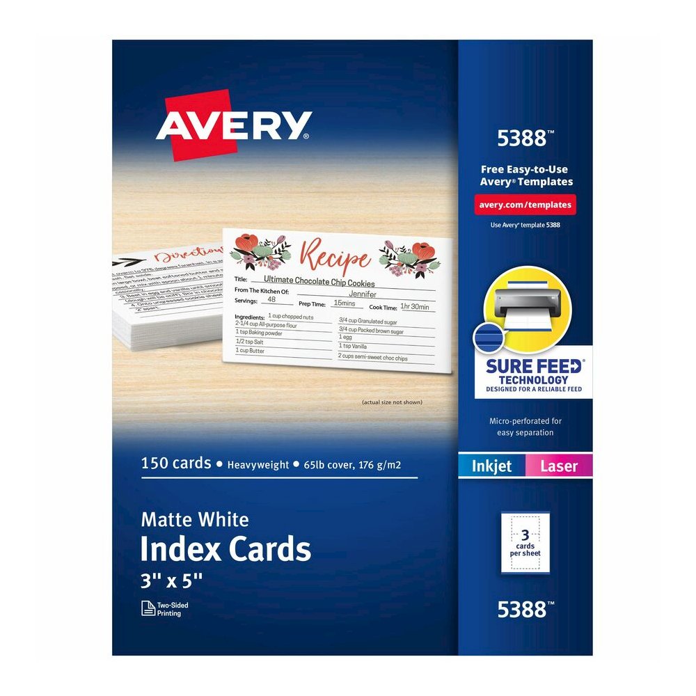 Avery&reg; Laser, Inkjet Printable Index Cards - 97 Brightness - A7 - 3" x 5" - 65 lb Basis Weight - 176 g/m² Grammage - Matte - Perforated, Smudge-free, Jam-free, Uncoated, Micro Perforated, Smo. Picture 2