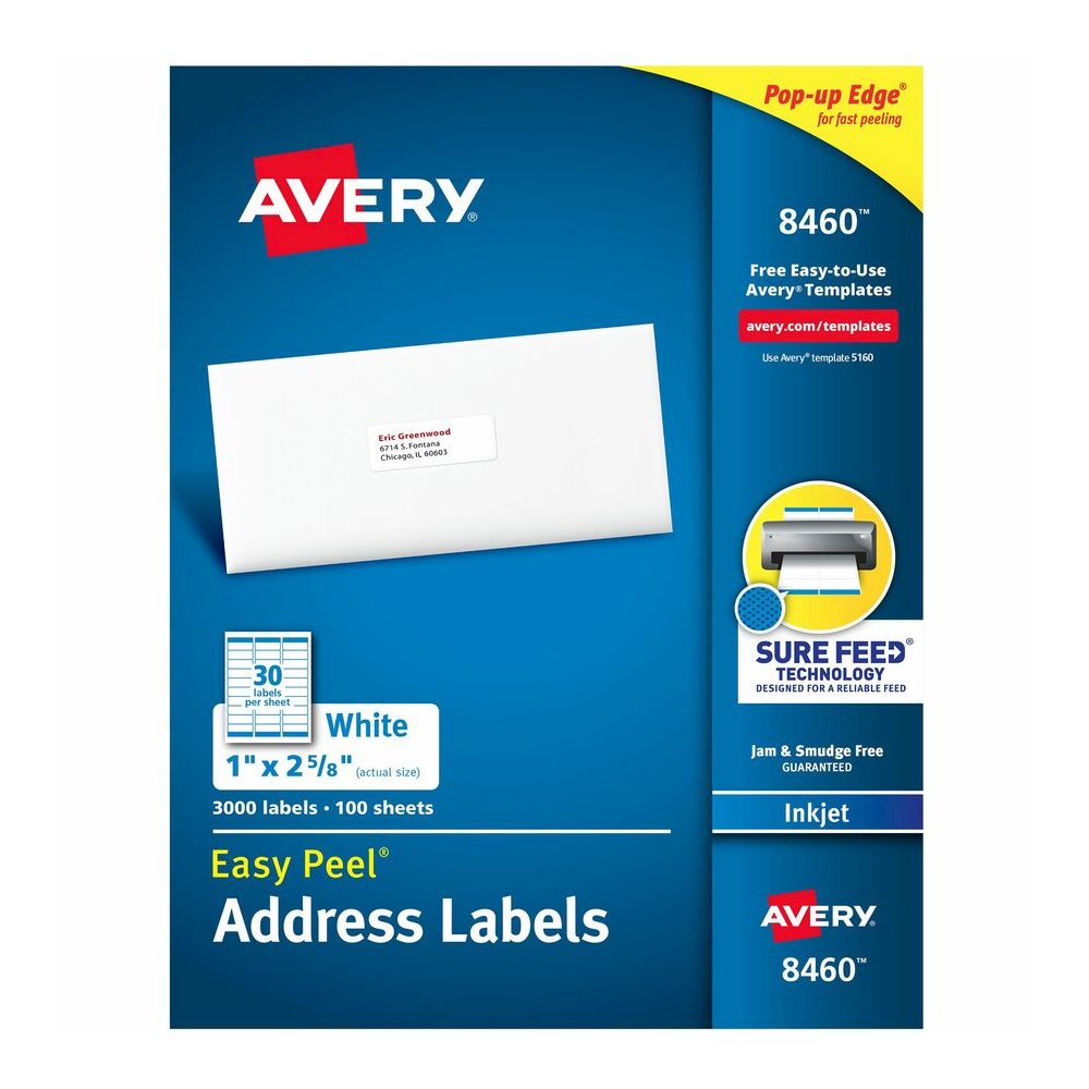 Avery&reg; Easy Peel White Inkjet Mailing Labels - 1" Width x 2 5/8" Length - Permanent Adhesive - Rectangle - Inkjet - Matte - White - Paper - 30 / Sheet - 100 Total Sheets - 3000 Total Label(s) - 30. Picture 5