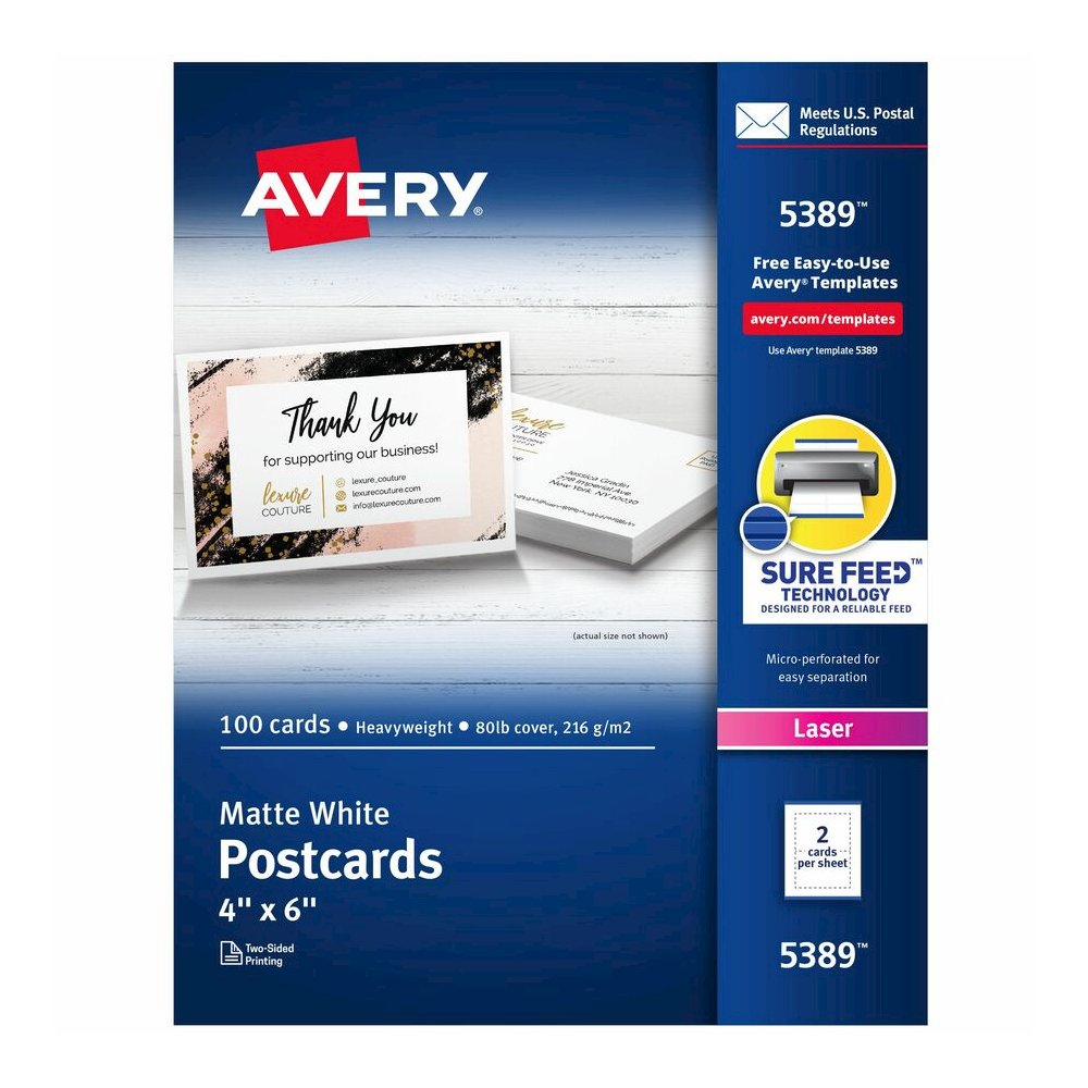 Avery&reg; Sure Feed Postcards - 97 Brightness - 4" x 6" - 80 lb Basis Weight - 216 g/m² Grammage - Matte - Perforated, Heavyweight, Rounded Corner, Uncoated, Smudge-free, Recyclable, Printable, . Picture 3
