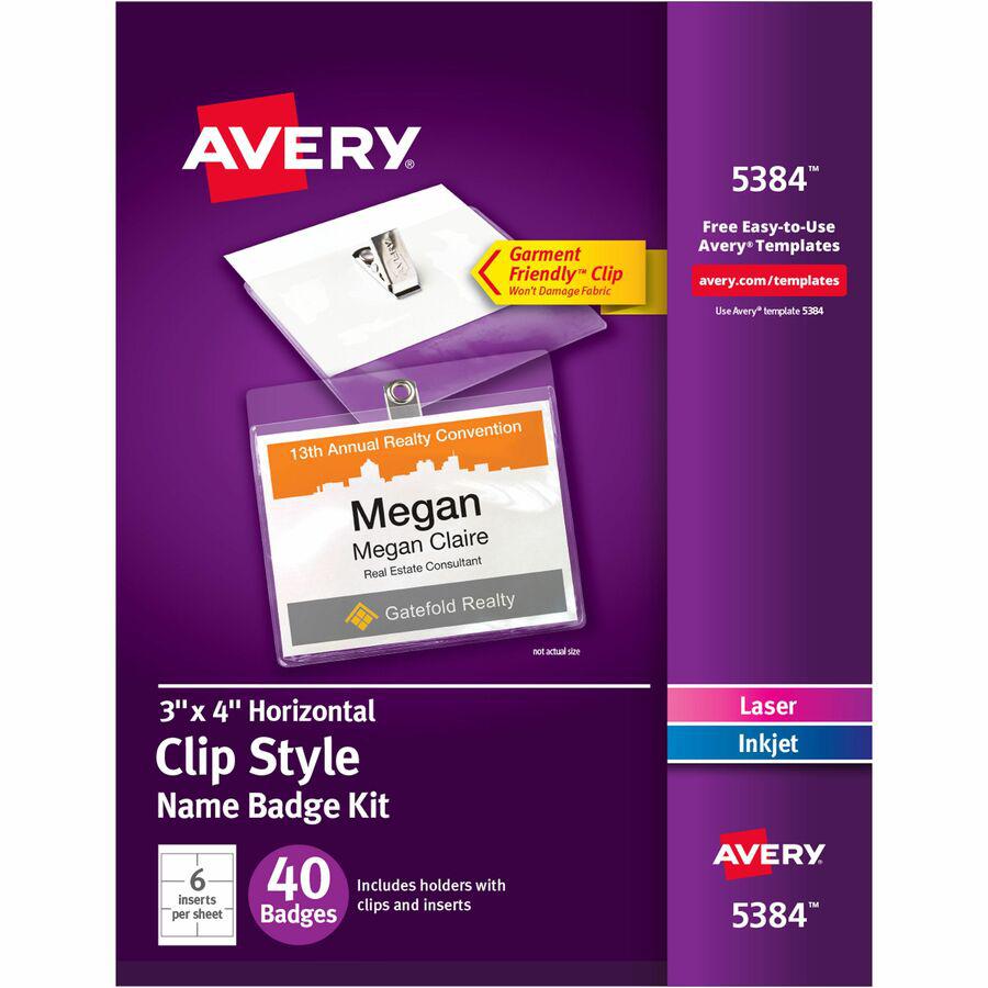Avery&reg; Name Badges with Clips, 3" x 4" , 40 Badges (5384) - 8 1/2" x 11" - Printable, Durable, Clip, Reusable, Perforated, Self-adhesive, Flexible - White - 1 Box. Picture 8