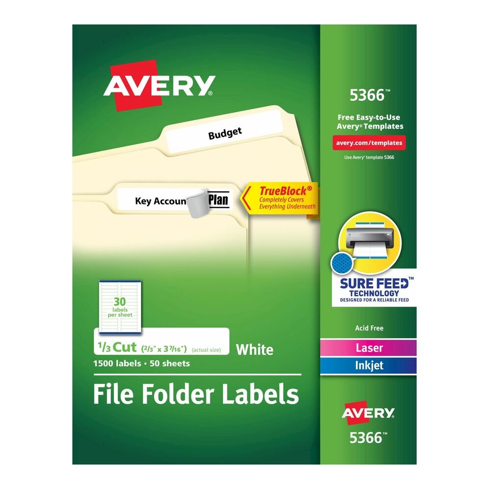 Avery&reg; File Folder Labels, 2/3" x 3-7/16" , 1,500 White Labels (5366) - x 2/3" Width x 3 7/16" Length - Permanent Adhesive - Rectangle - Laser, Inkjet - Matte - White - Paper - 30 / Sheet - 50 Tot. Picture 4