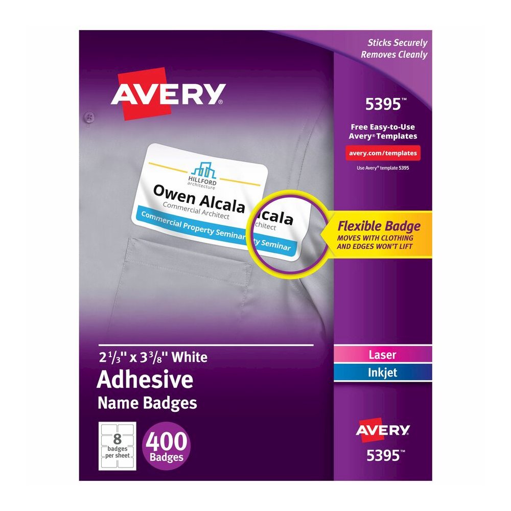 Avery&reg; Adhesive Name Badges - 2 21/64" Width x 3 3/8" Length - Removable Adhesive - Rectangle - Inkjet, Laser - Matte - White - Film - 8 / Sheet - 50 Total Sheets - 400 Total Label(s) - 400 / Box. Picture 2