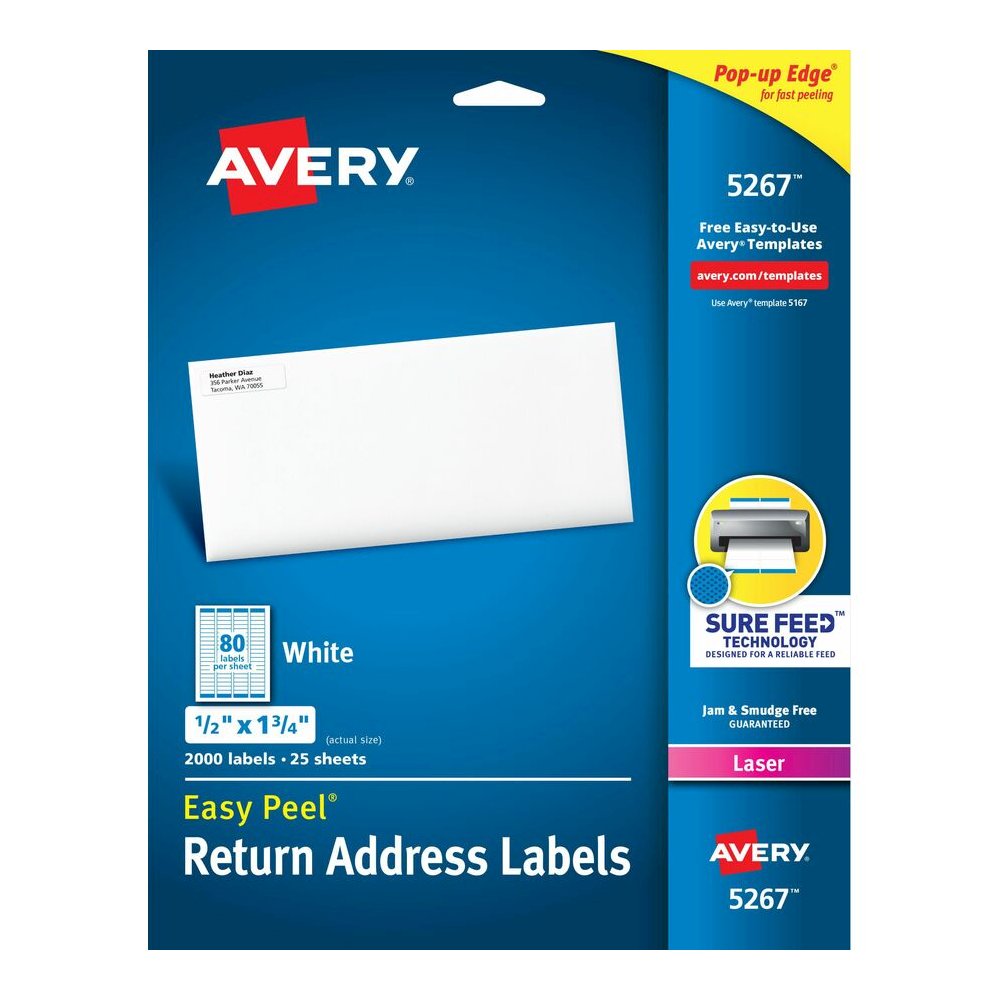 Avery&reg; Easy Peel Return Address Labels, 1/2"x1-3/4" 2,000 Labels (5267) - x 1/2" Width x 1 3/4" Length - Permanent Adhesive - Rectangle - Laser - Matte - White - Paper - 80 / Sheet - 25 Total Shee. Picture 4