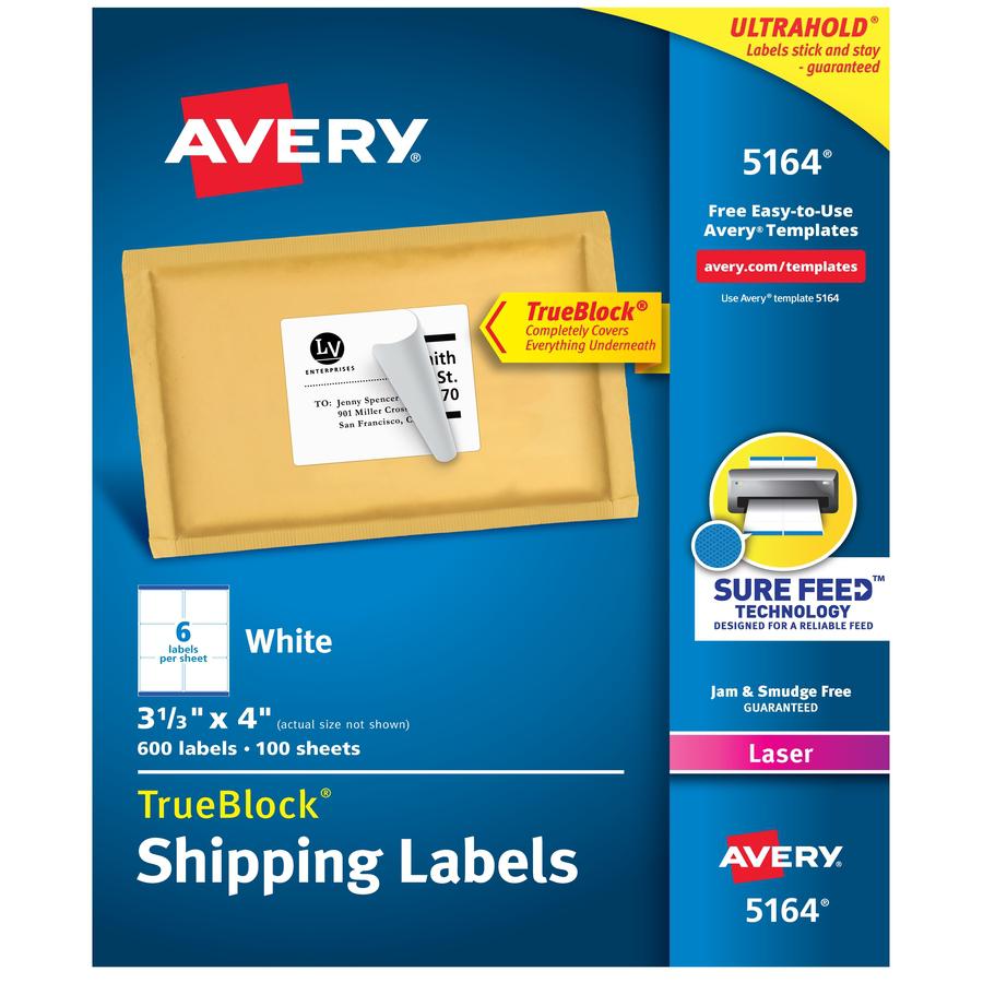 Avery&reg; Shipping Labels, Sure Feed, 3-1/3" x 4" , 600 White Labels (5164) - 3 21/64" Width x 4" Length - Permanent Adhesive - Rectangle - Laser - White - Paper - 6 / Sheet - 100 Total Sheets - 600 . Picture 4