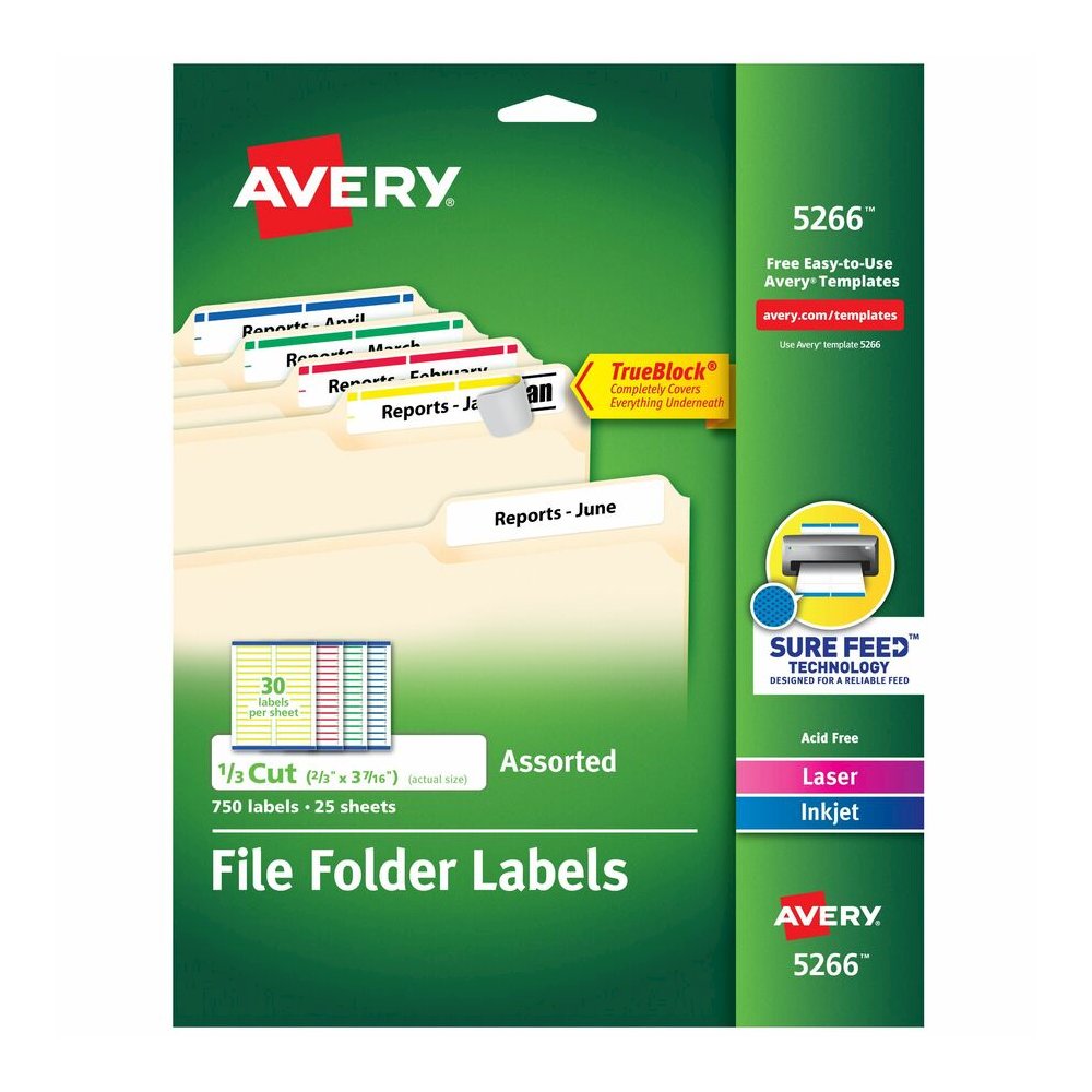 Avery&reg; File Folder Labels, 2/3" x 3-7/16" , Assorted Colors (5266) - x 2/3" Width x 3 7/16" Length - Permanent Adhesive - Rectangle - Laser, Inkjet - Matte - Yellow, Green, Red, White - Paper - 30. Picture 5