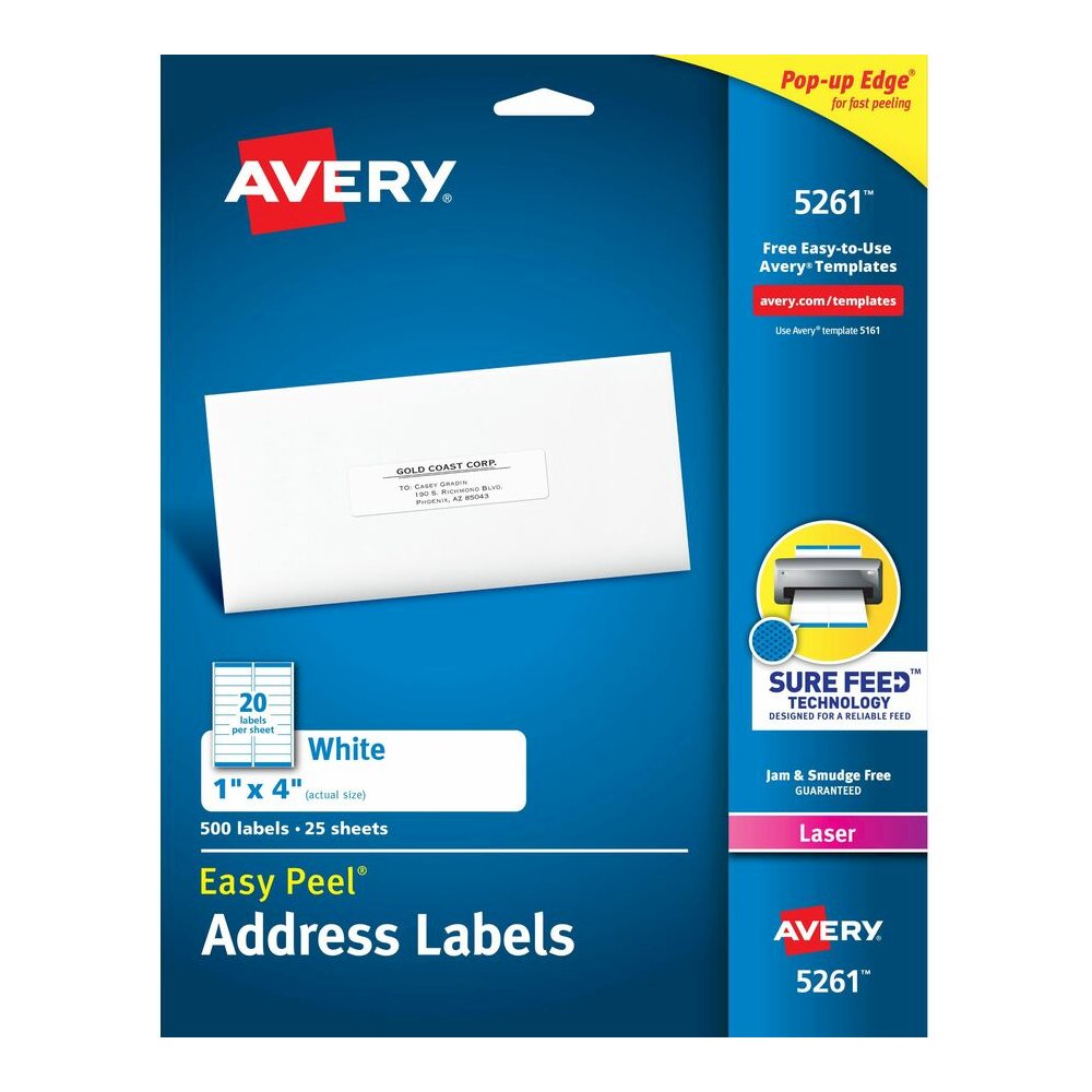 Avery&reg; Easy Peel Address Labels, 1" x 4" , 500 White Labels (5261) - x 1" Width x 4" Length - Permanent Adhesive - Rectangle - Laser - Matte White - White - Paper - 20 / Sheet - 25 Total Sheets - . Picture 5
