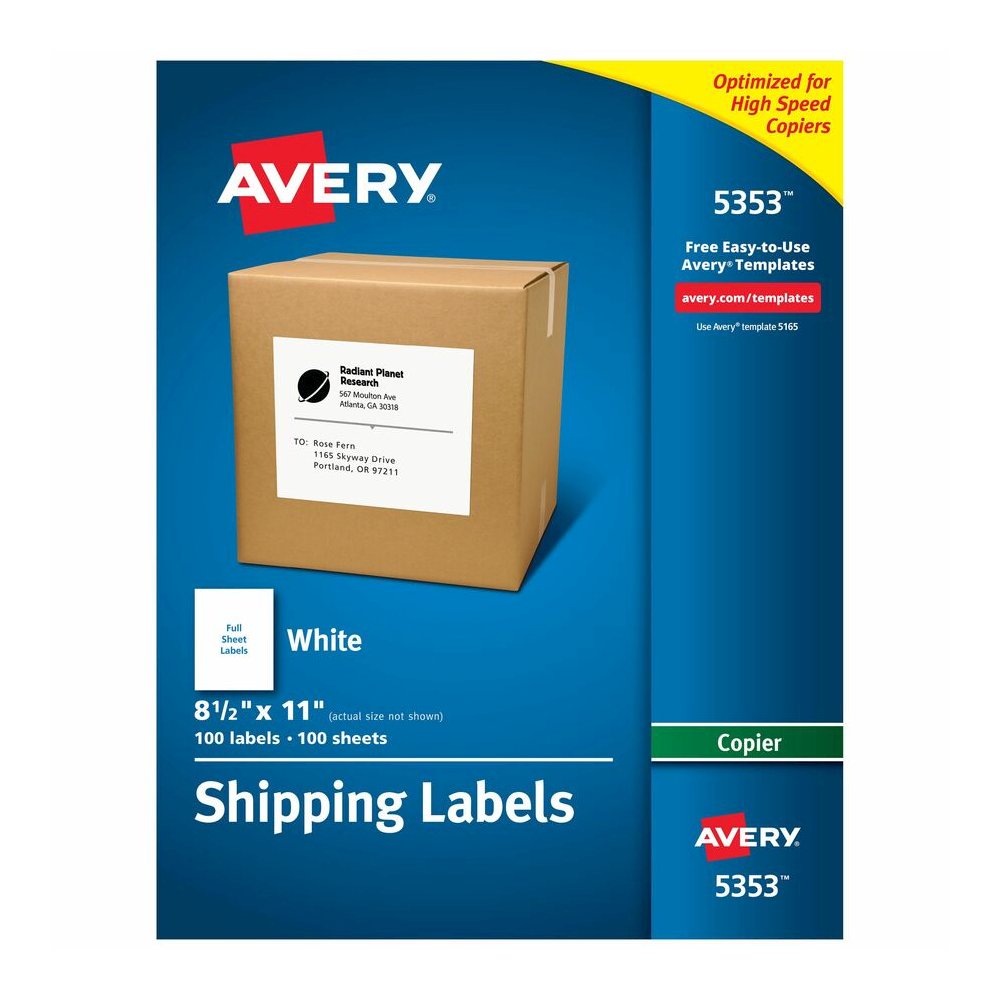 Avery&reg; Shipping Labels for Copiers, 8-1/2" x 11" , 100 Labels (5353) - 8 1/2" Width x 11" Length - Permanent Adhesive - Rectangle - Matte - White - Paper - 1 / Sheet - 100 Total Sheets - 100 Total. Picture 3