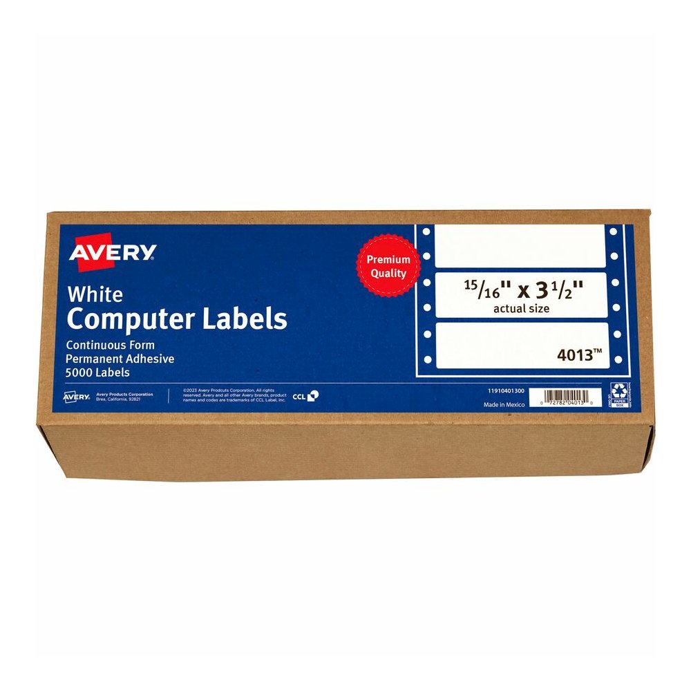 Avery&reg; Continuous Form Computer Labels - 3 1/2" Length - Permanent Adhesive - Rectangle - Dot Matrix - White - 1 / Sheet - 5000 Total Label(s) - 5000 / Box. Picture 4