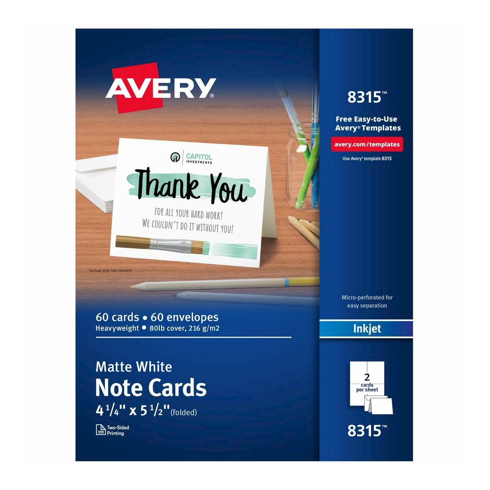 Avery&reg; Note Cards & Envelopes, 4.25" x 5.5" , Matte, 60ct (8315) - 97 Brightness - 5 1/2" x 4 1/4" - 80 lb Basis Weight - 216 g/m² Grammage - Matte - Heavyweight, Smooth Edge, Double-sided, P. Picture 3